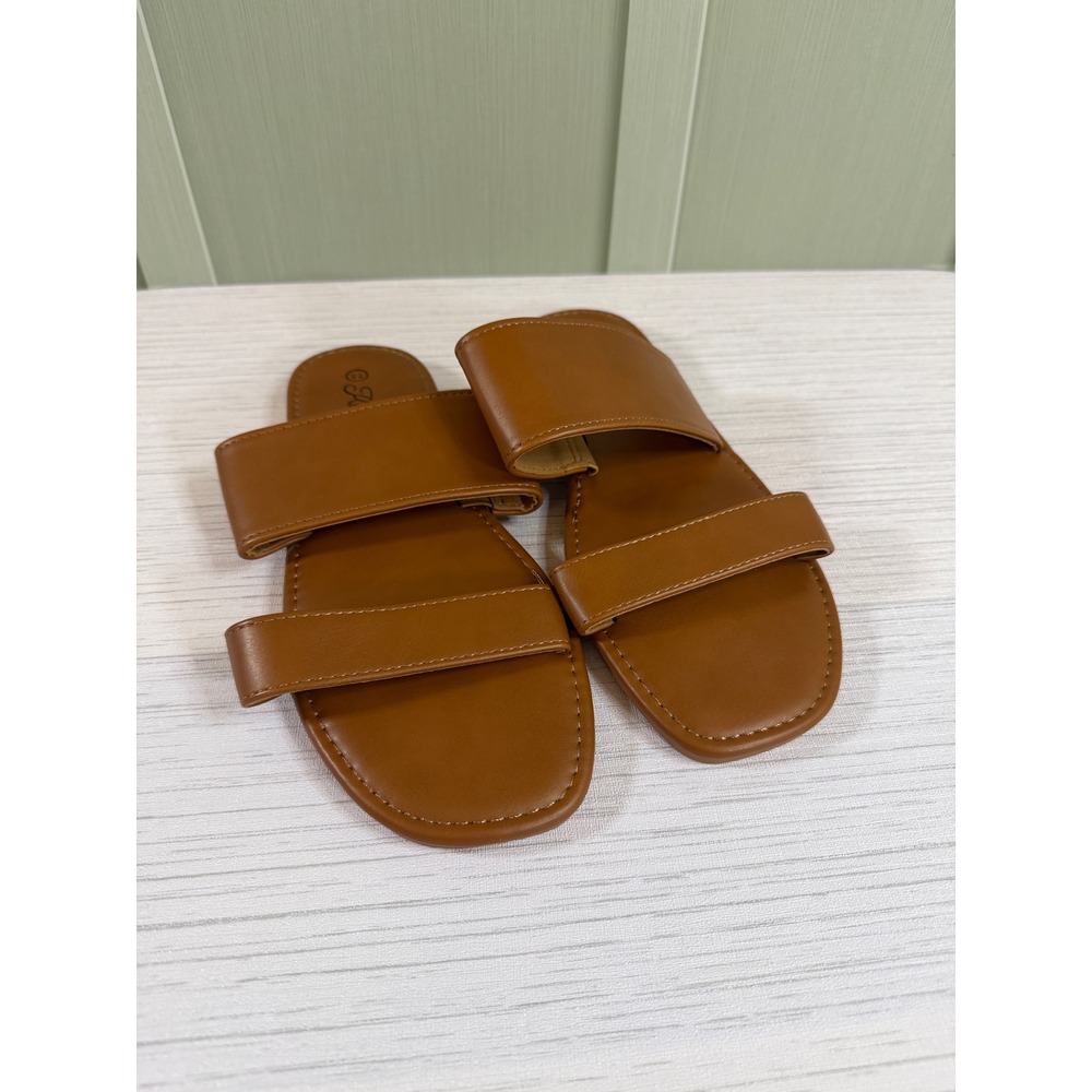 Katliu Womens 7.5 Flat Sandals Cognac Brown Double Band Slide Square Toe